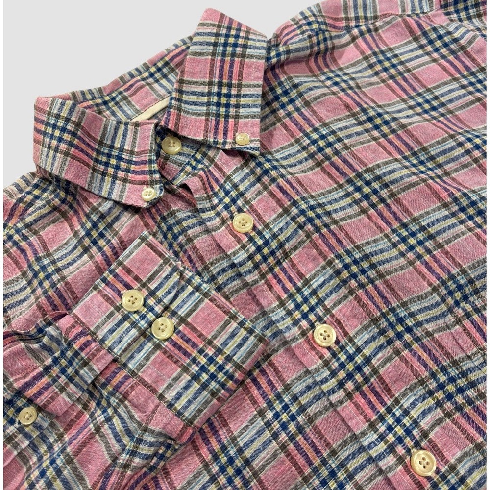 Mine Men's Medium 100% Linen Plaid Long Sleeve Button Down Pink Blue